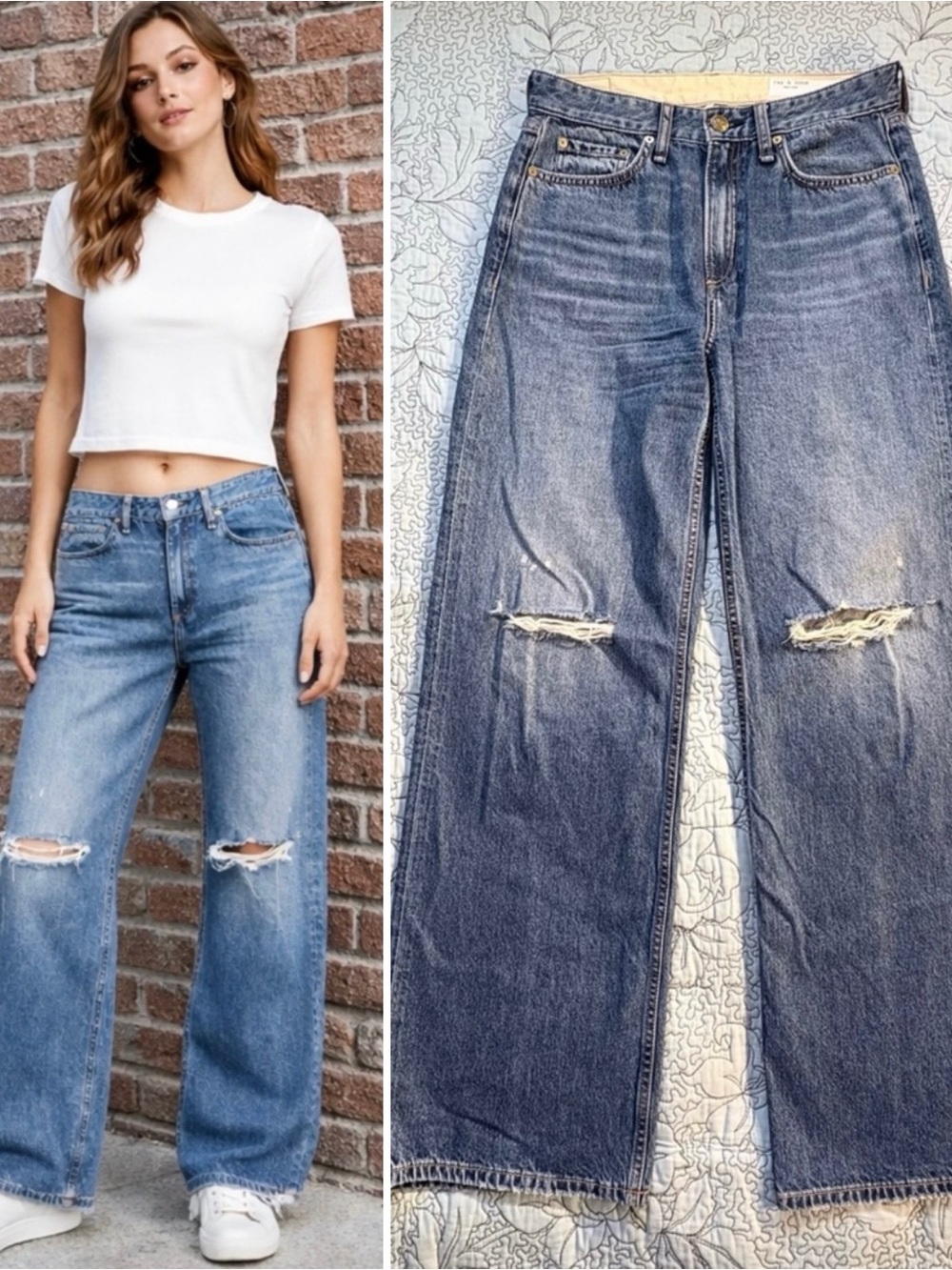 NWT Rag & Bone Logan Mid Rise Wide Leg Distressed Huntley Wash Jeans Sz 27 🧡